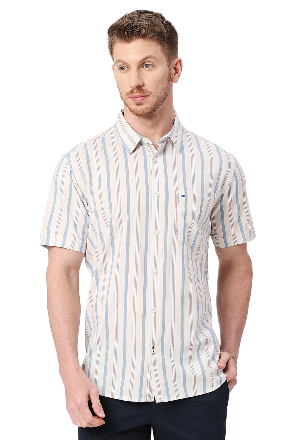 BASICS SLIM FIT COTTON VISCOSE STRIPE SHIRT