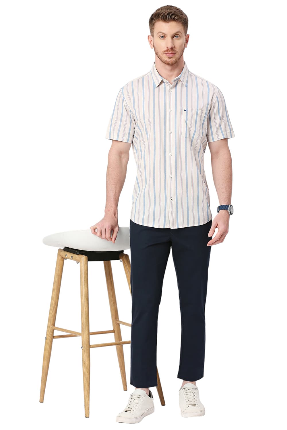 BASICS SLIM FIT COTTON VISCOSE STRIPE HALFSLEEVES SHIRT