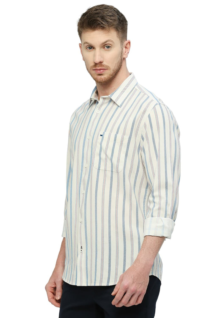 BASICS SLIM FIT MARINA BLUE COTTON VISCOSE STRIPE SHIRT
