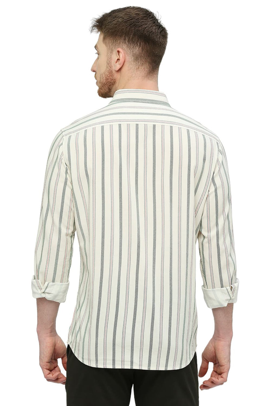 BASICS SLIM FIT IVY GREEN COTTON VISCOSE STRIPE SHIRT
