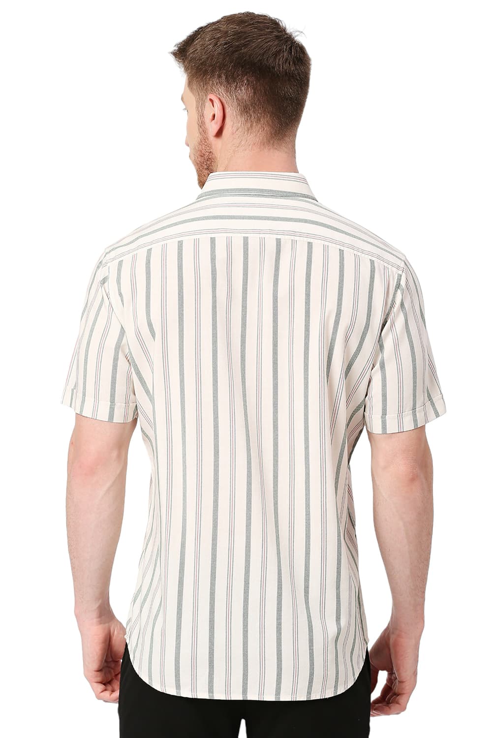 BASICS SLIM FIT COTTON VISCOSE STRIPE HALFSLEEVES SHIRT