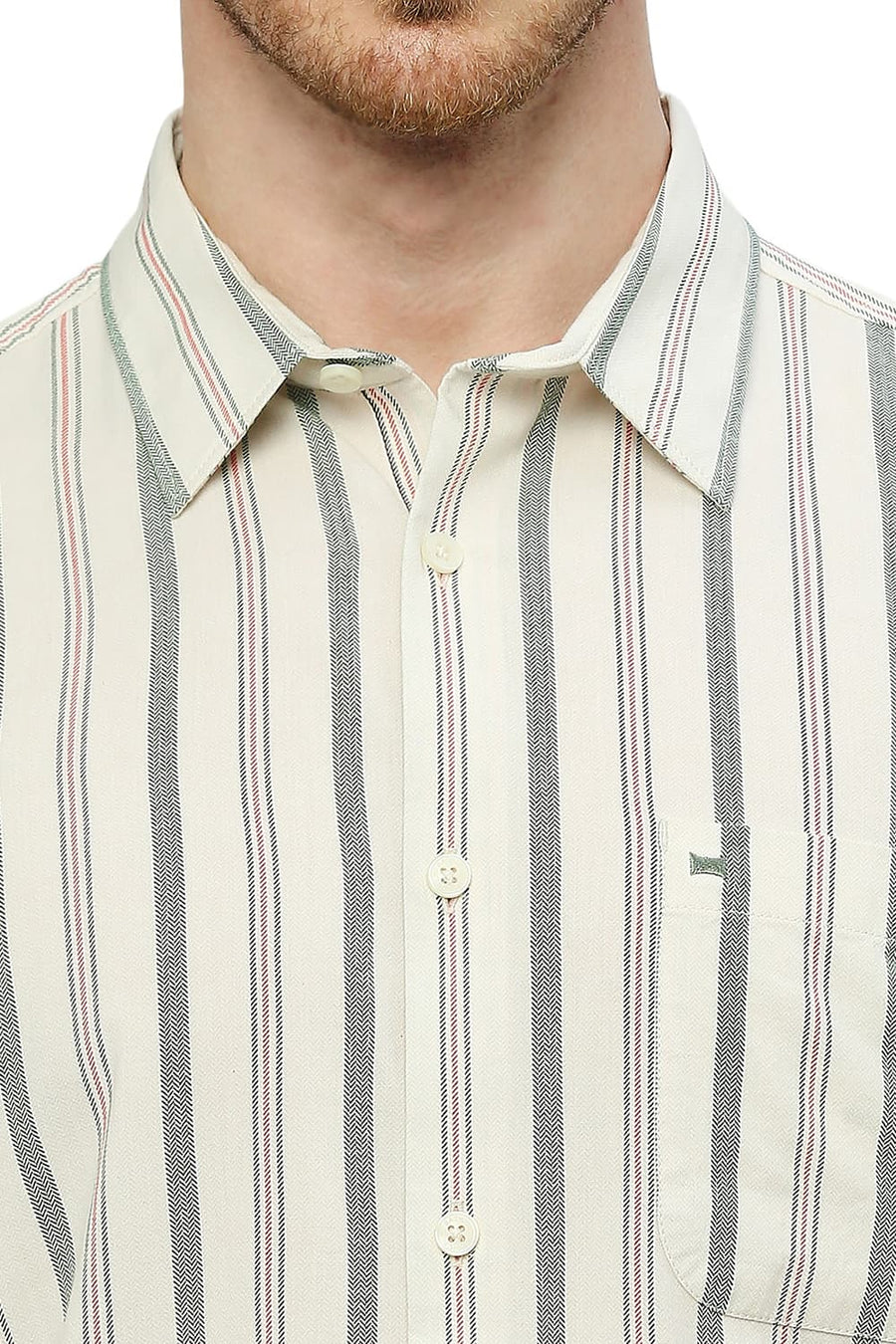 BASICS SLIM FIT IVY GREEN COTTON VISCOSE STRIPE SHIRT
