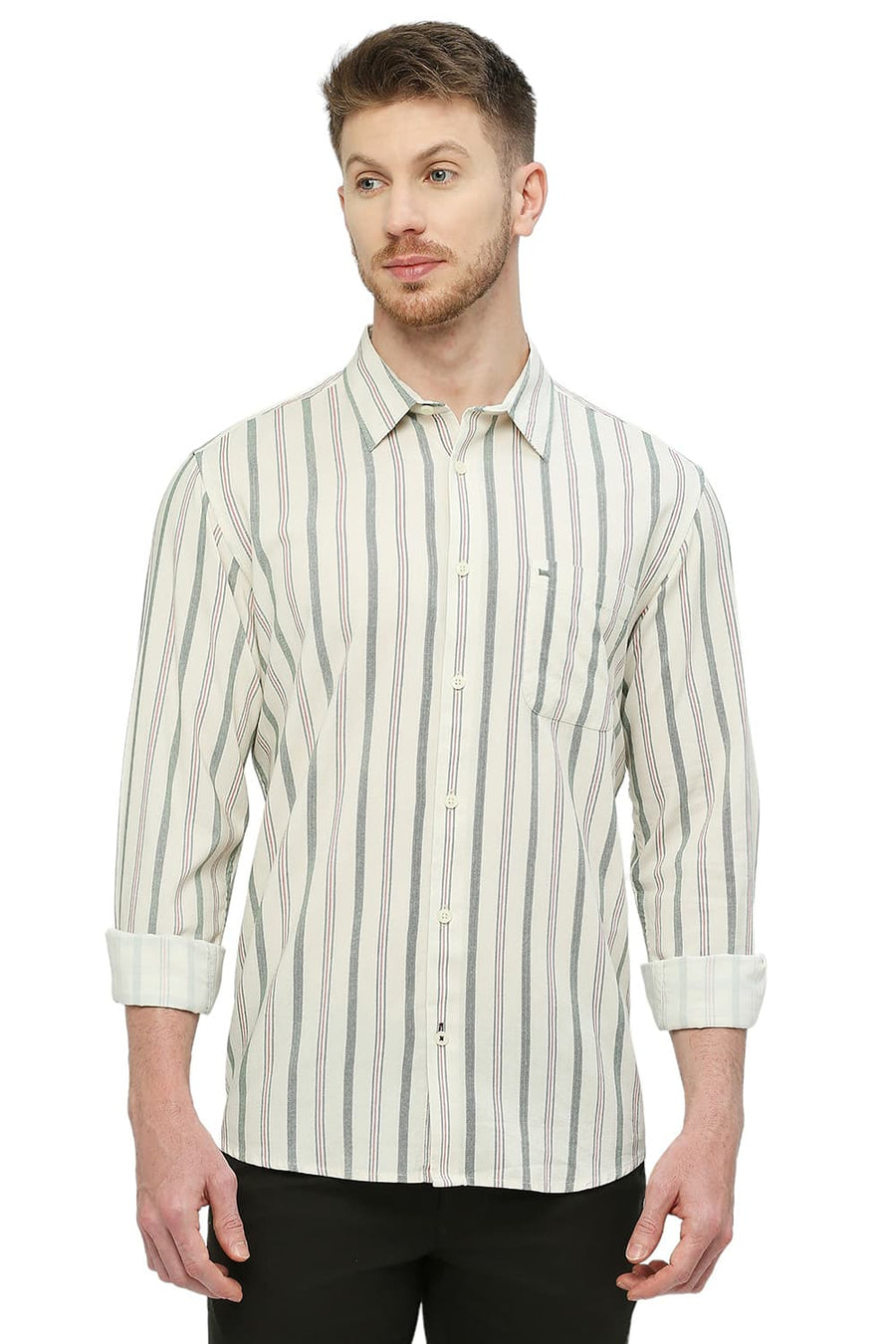 BASICS SLIM FIT IVY GREEN COTTON VISCOSE STRIPE SHIRT