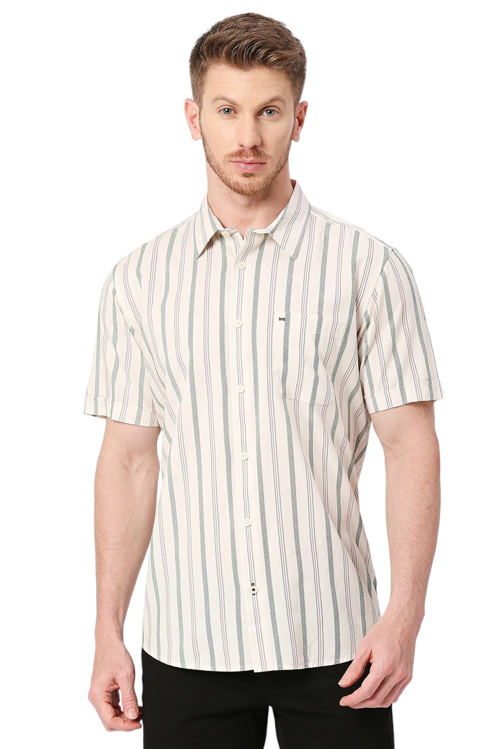 BASICS SLIM FIT COTTON VISCOSE STRIPE HALFSLEEVES SHIRT