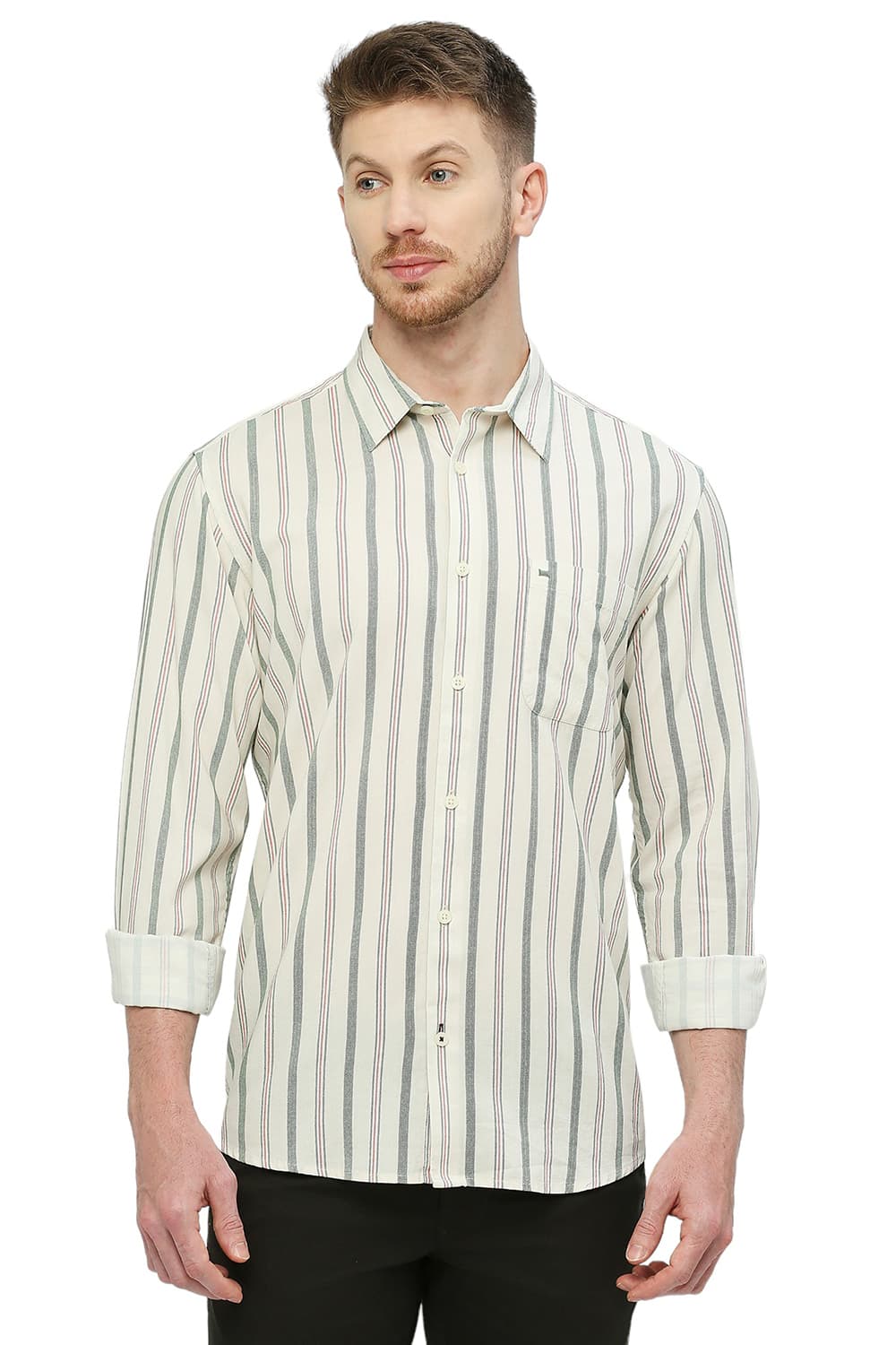 BASICS SLIM FIT COTTON VISCOSE STRIPE SHIRT