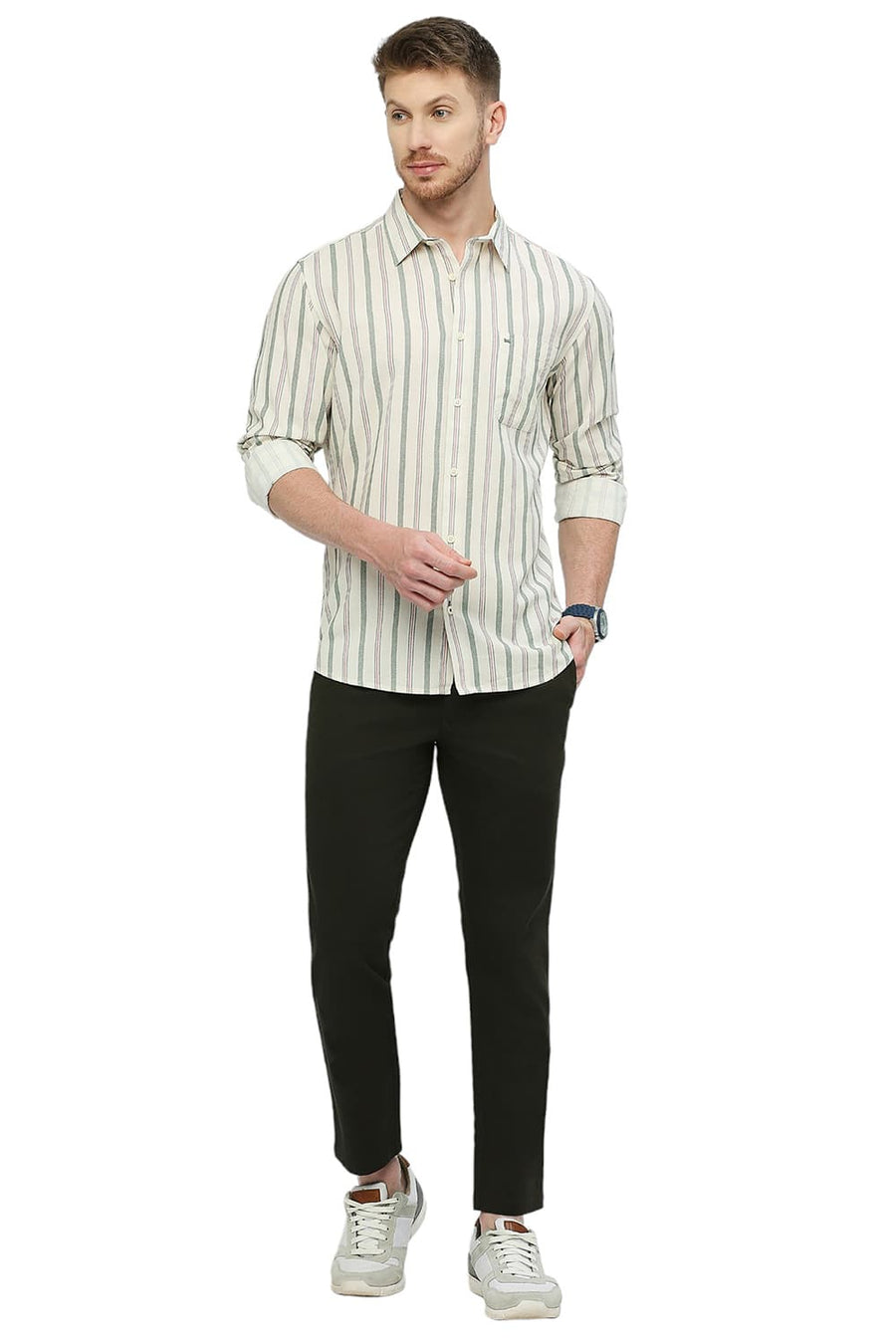 BASICS SLIM FIT IVY GREEN COTTON VISCOSE STRIPE SHIRT