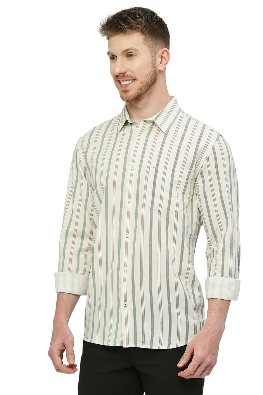 BASICS SLIM FIT IVY GREEN COTTON VISCOSE STRIPE SHIRT
