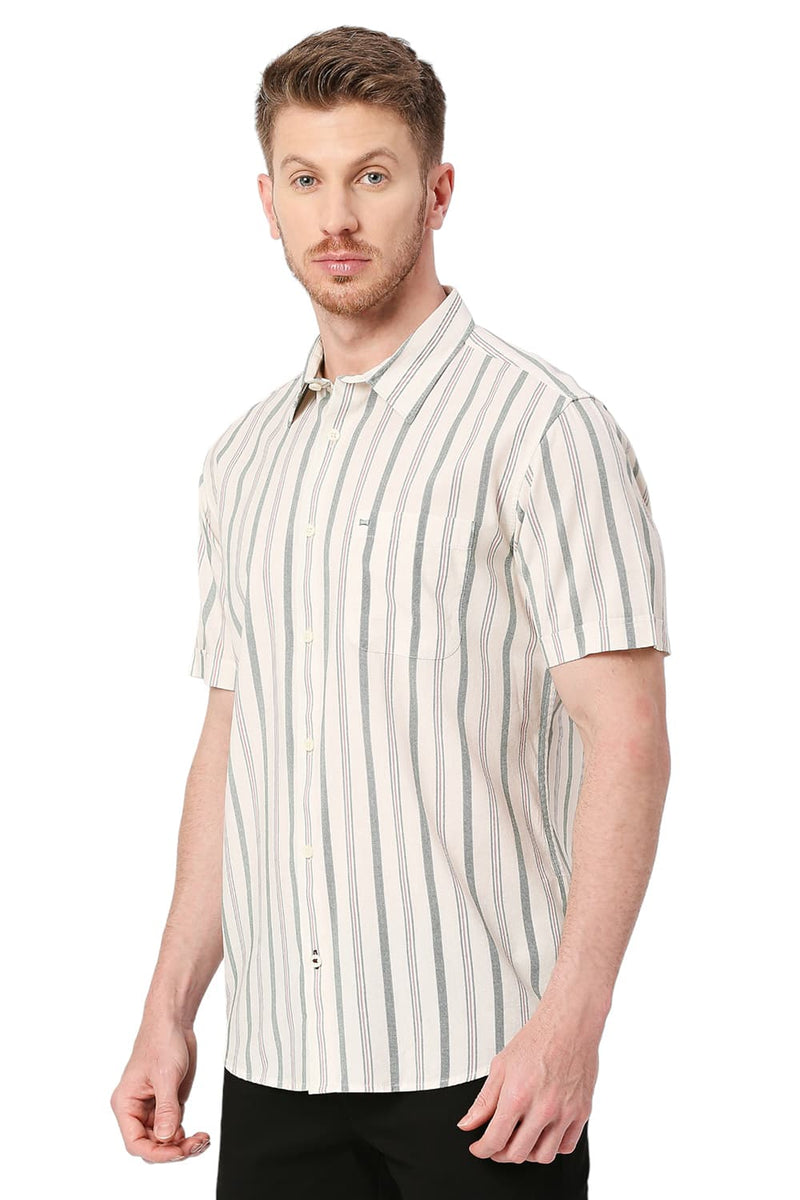 BASICS SLIM FIT COTTON VISCOSE STRIPE HALFSLEEVES SHIRT