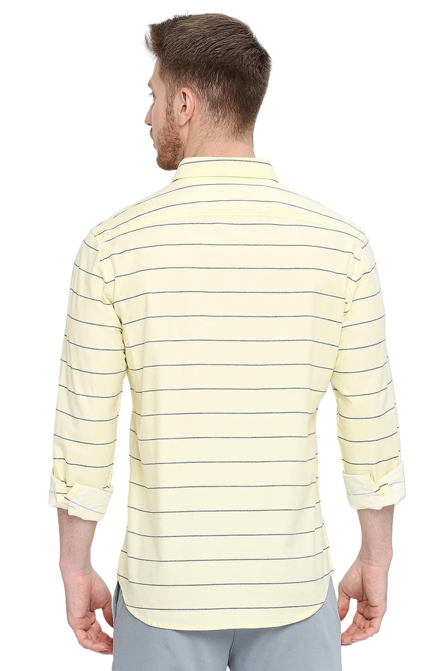 BASICS SLIM FIT WAX YELLOW COTTON TWILL WEFT STRIPES SHIRT