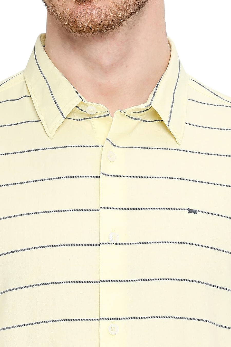 BASICS SLIM FIT WAX YELLOW COTTON TWILL WEFT STRIPES SHIRT