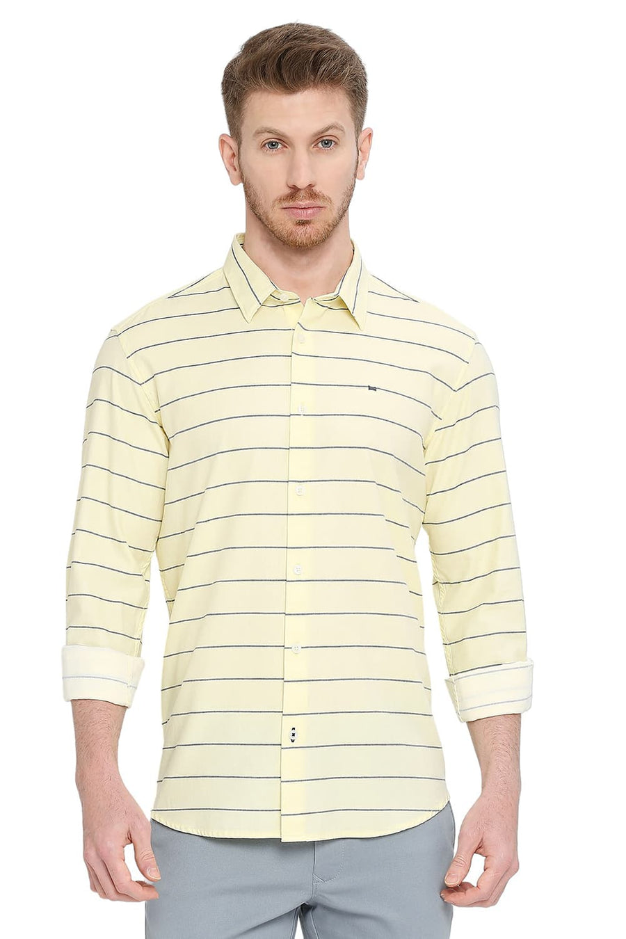BASICS SLIM FIT WAX YELLOW COTTON TWILL WEFT STRIPES SHIRT