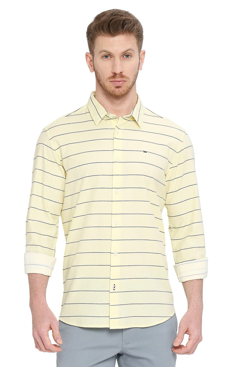 BASICS SLIM FIT COTTON TWILL WEFT STRIPES SHIRT