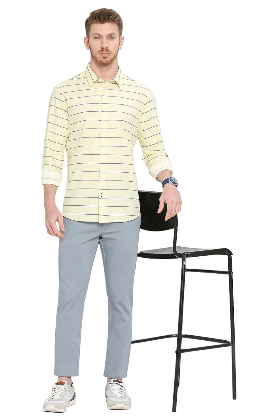 BASICS SLIM FIT WAX YELLOW COTTON TWILL WEFT STRIPES SHIRT