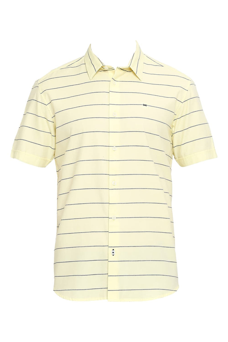 BASICS SLIM FIT COTTON TWILL WEFT STRIPES HALFSLEEVES SHIRT