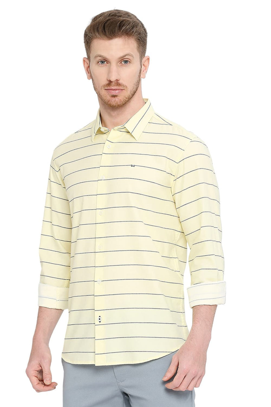 BASICS SLIM FIT WAX YELLOW COTTON TWILL WEFT STRIPES SHIRT
