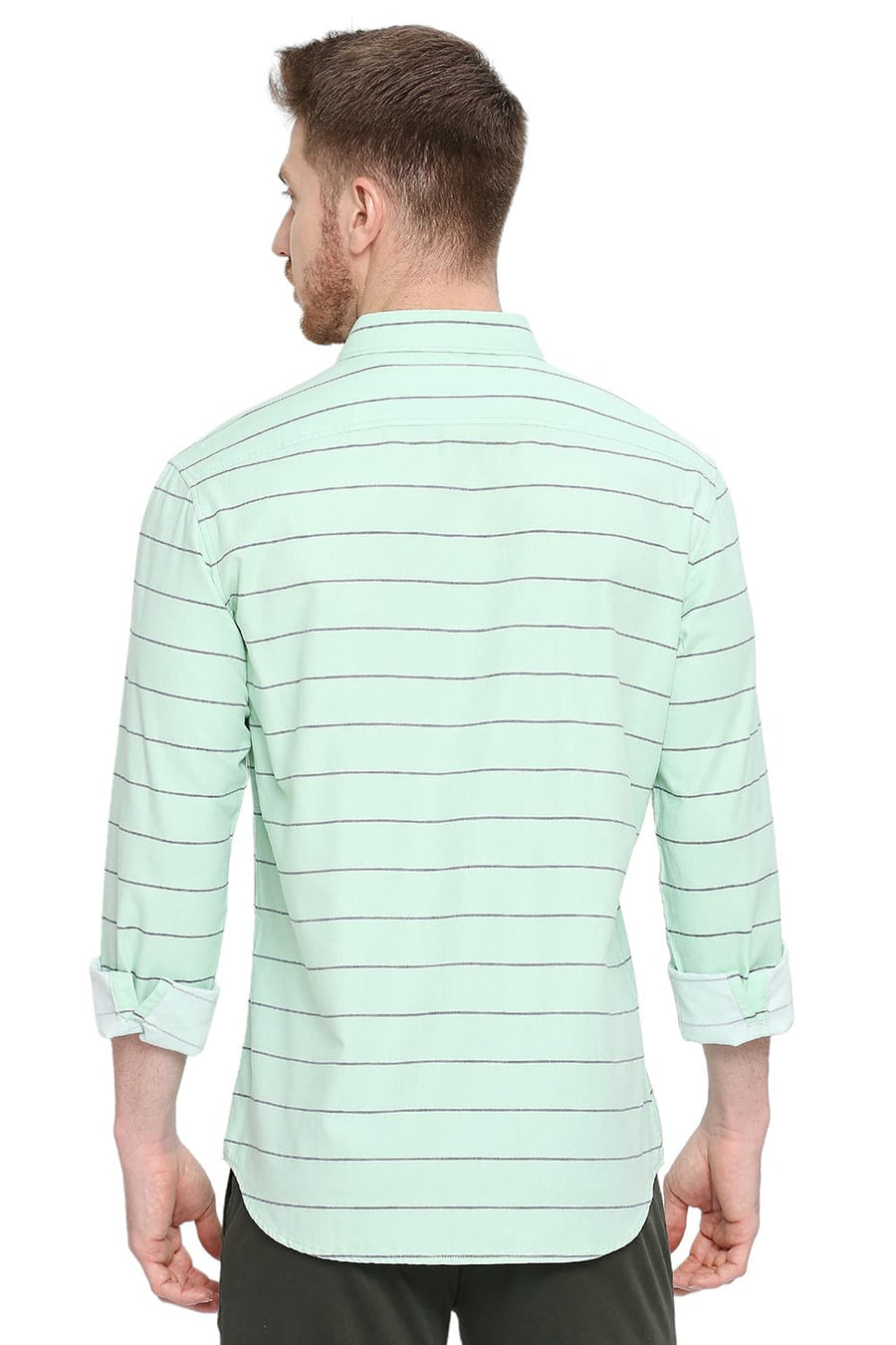 BASICS SLIM FIT HEMLOCK GREEN COTTON TWILL WEFT STRIPES SHIRT