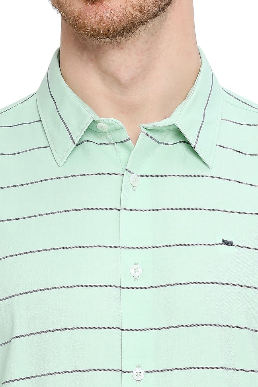 BASICS SLIM FIT HEMLOCK GREEN COTTON TWILL WEFT STRIPES SHIRT