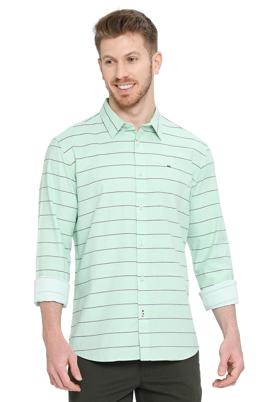 BASICS SLIM FIT HEMLOCK GREEN COTTON TWILL WEFT STRIPES SHIRT