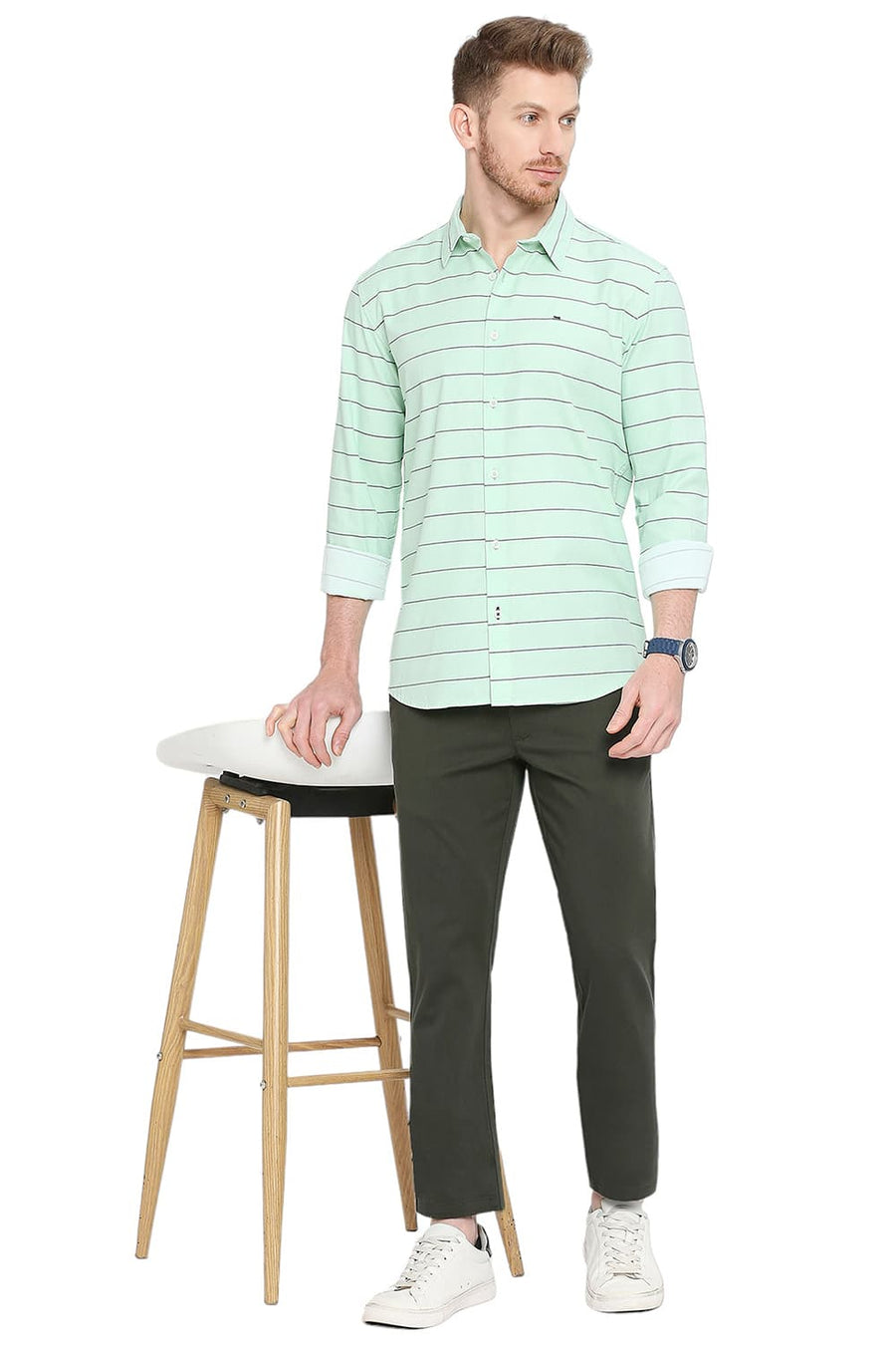 BASICS SLIM FIT HEMLOCK GREEN COTTON TWILL WEFT STRIPES SHIRT