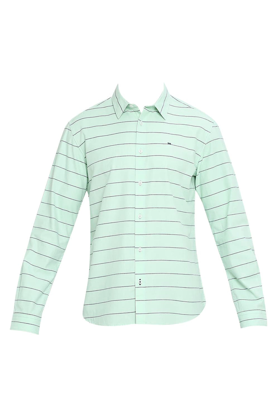 BASICS SLIM FIT HEMLOCK GREEN COTTON TWILL WEFT STRIPES SHIRT