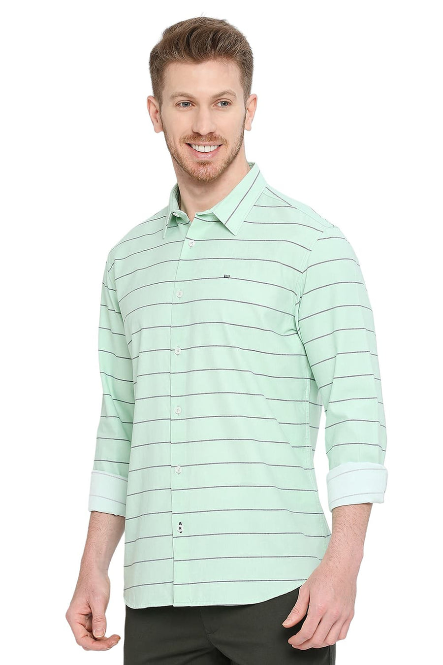 BASICS SLIM FIT HEMLOCK GREEN COTTON TWILL WEFT STRIPES SHIRT
