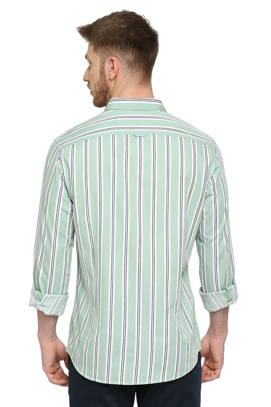 BASICS SLIM FIT HOLIDAY GREEN COTTON TWILL STRIPES SHIRT