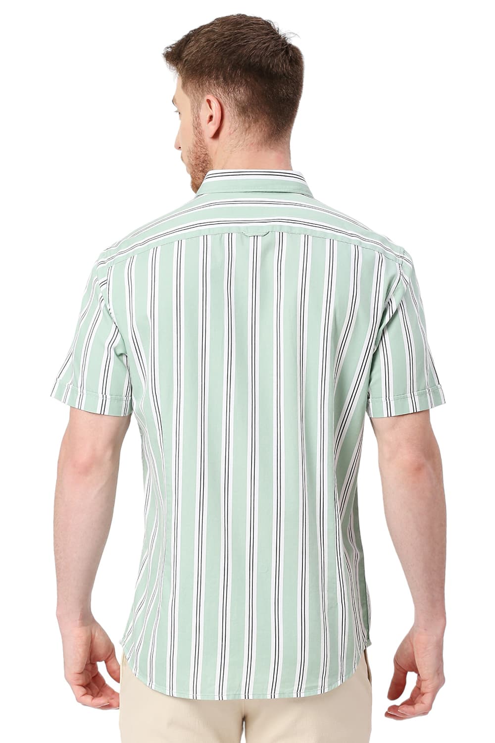 BASICS SLIM FIT COTTON TWILL STRIPES HALFSLEEVES SHIRT