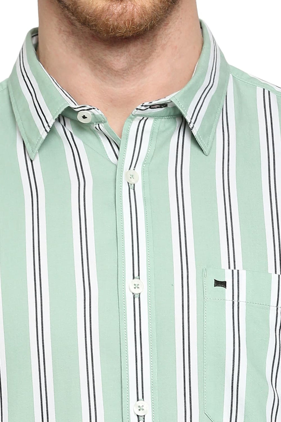 BASICS SLIM FIT HOLIDAY GREEN COTTON TWILL STRIPES SHIRT