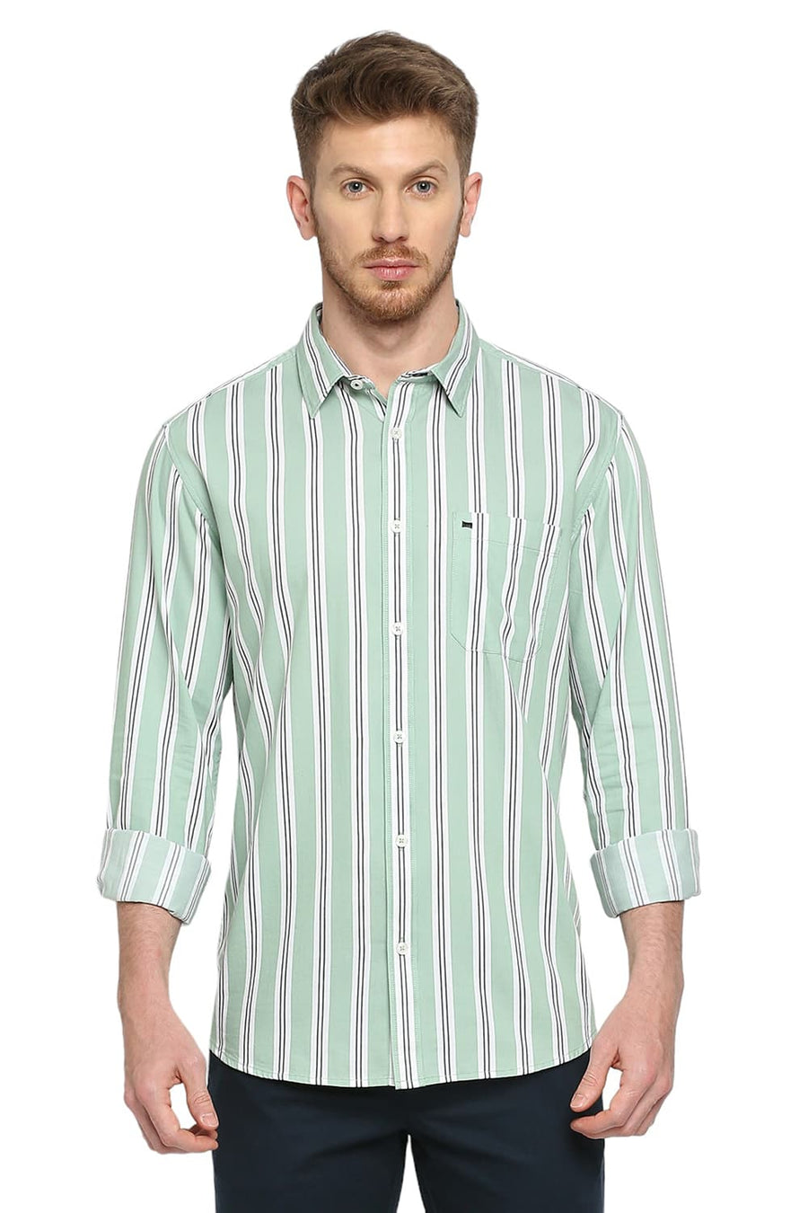 BASICS SLIM FIT HOLIDAY GREEN COTTON TWILL STRIPES SHIRT