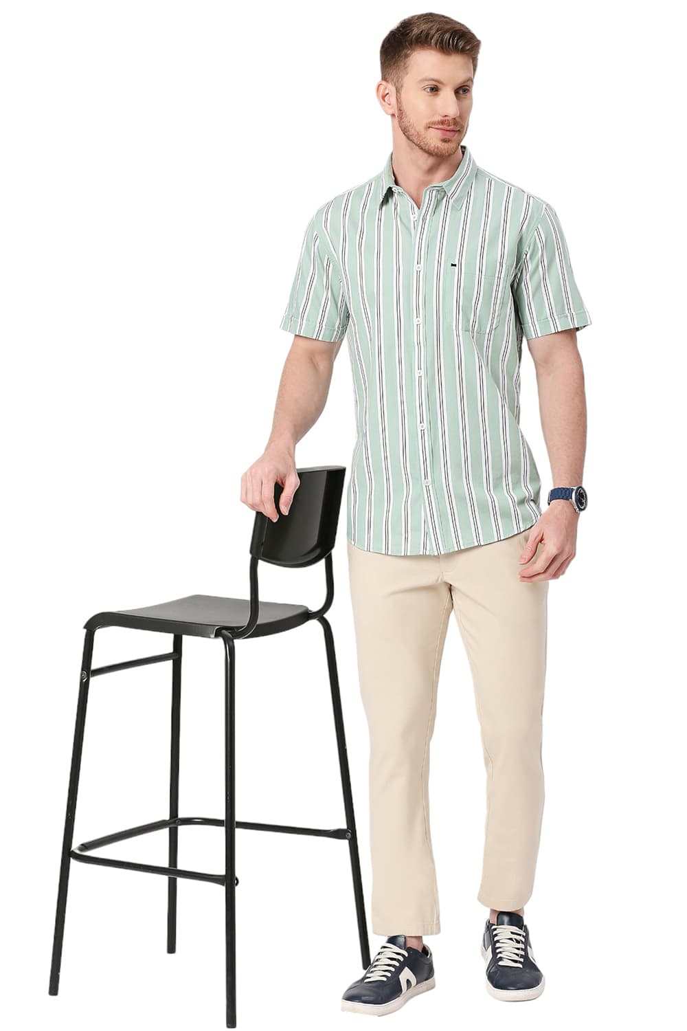 BASICS SLIM FIT COTTON TWILL STRIPES HALFSLEEVES SHIRT