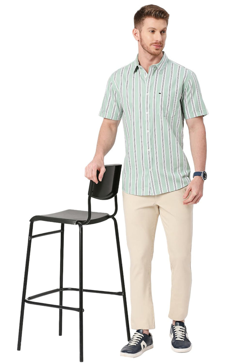 BASICS SLIM FIT COTTON TWILL STRIPES HALFSLEEVES SHIRT