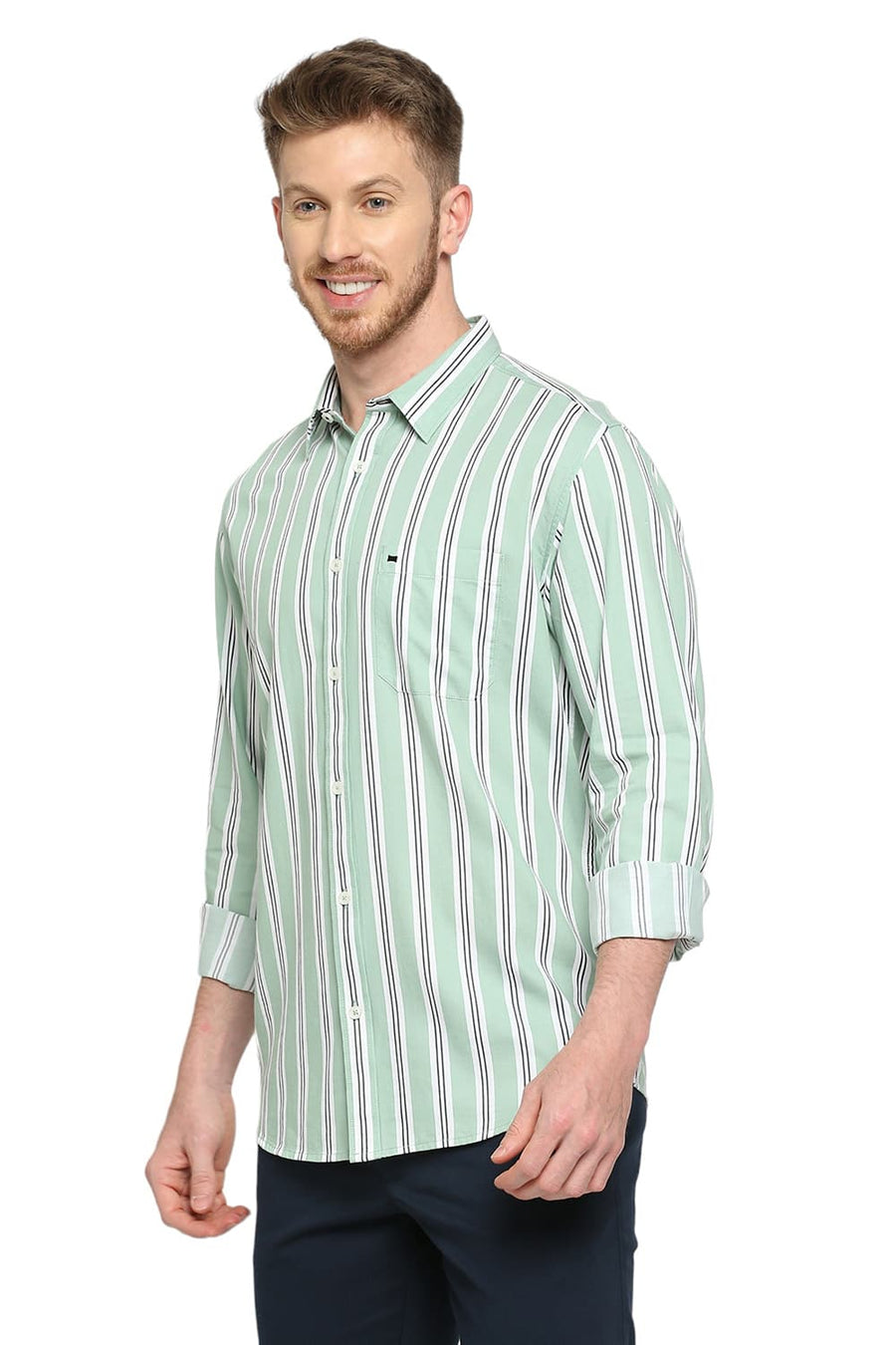 BASICS SLIM FIT HOLIDAY GREEN COTTON TWILL STRIPES SHIRT
