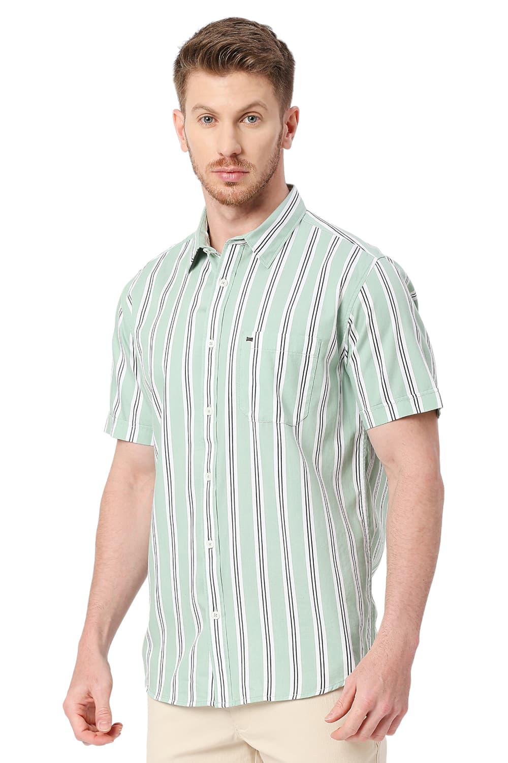 BASICS SLIM FIT COTTON TWILL STRIPES HALFSLEEVES SHIRT