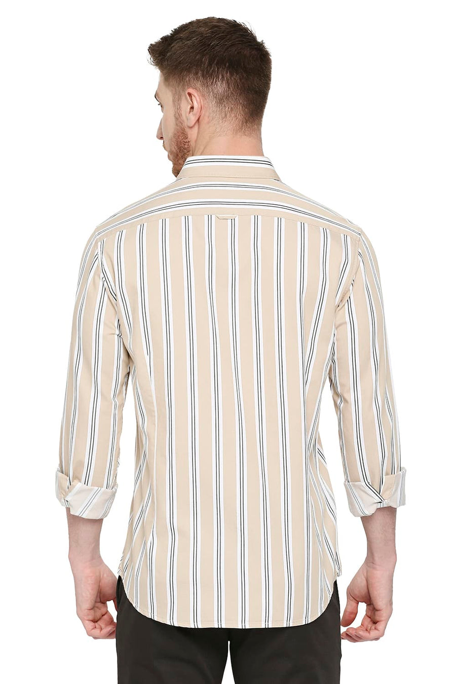 BASICS SLIM FIT HAZELNUT BEIGE COTTON TWILL STRIPES SHIRT