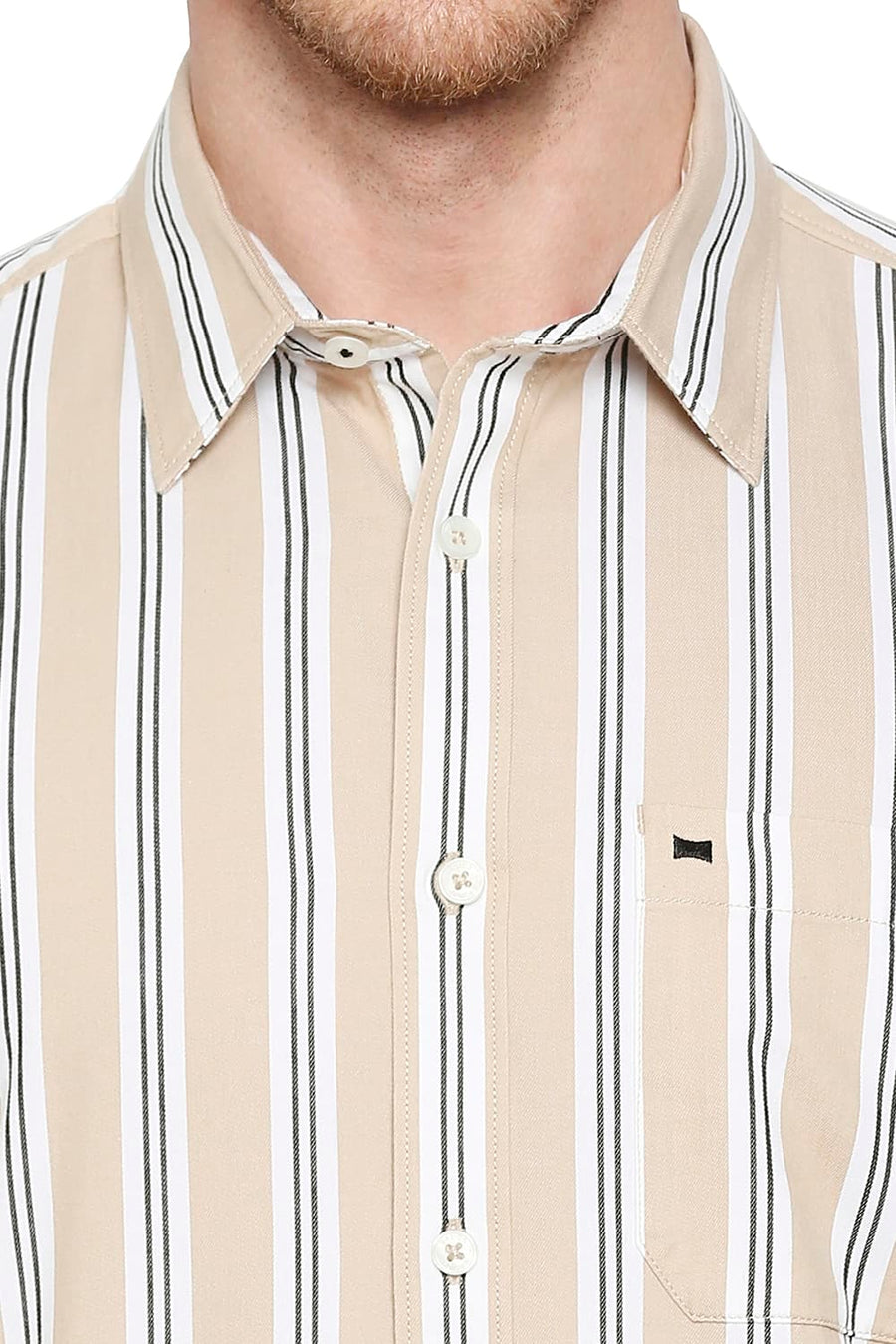 BASICS SLIM FIT HAZELNUT BEIGE COTTON TWILL STRIPES SHIRT