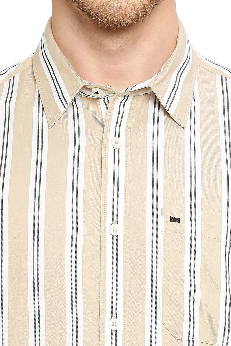 BASICS SLIM FIT COTTON TWILL STRIPES HALFSLEEVES SHIRT