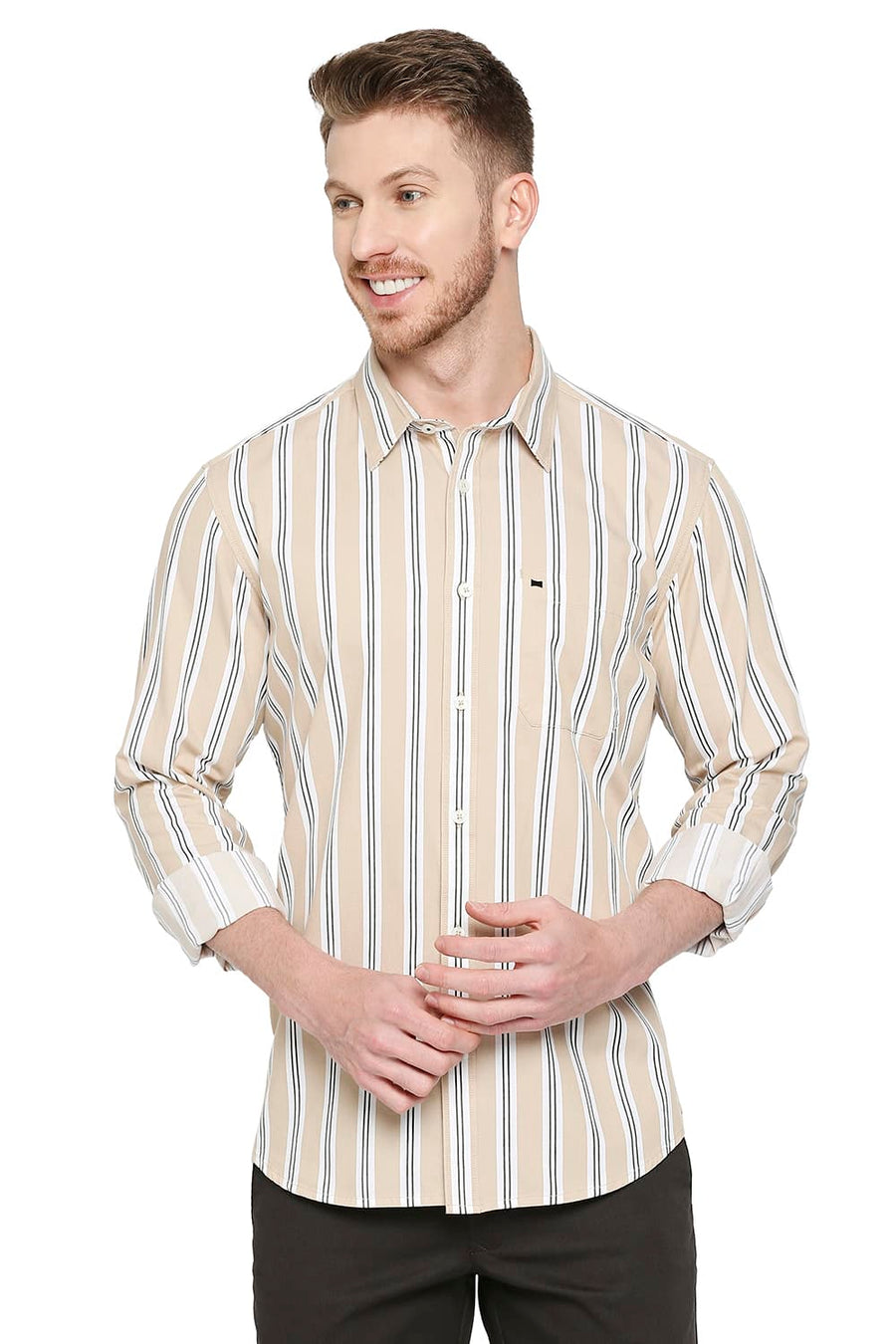 BASICS SLIM FIT HAZELNUT BEIGE COTTON TWILL STRIPES SHIRT
