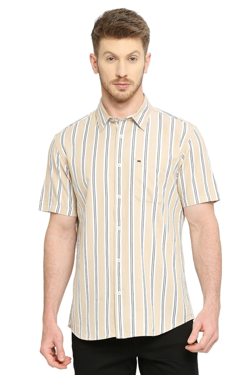 BASICS SLIM FIT COTTON TWILL STRIPES HALFSLEEVES SHIRT