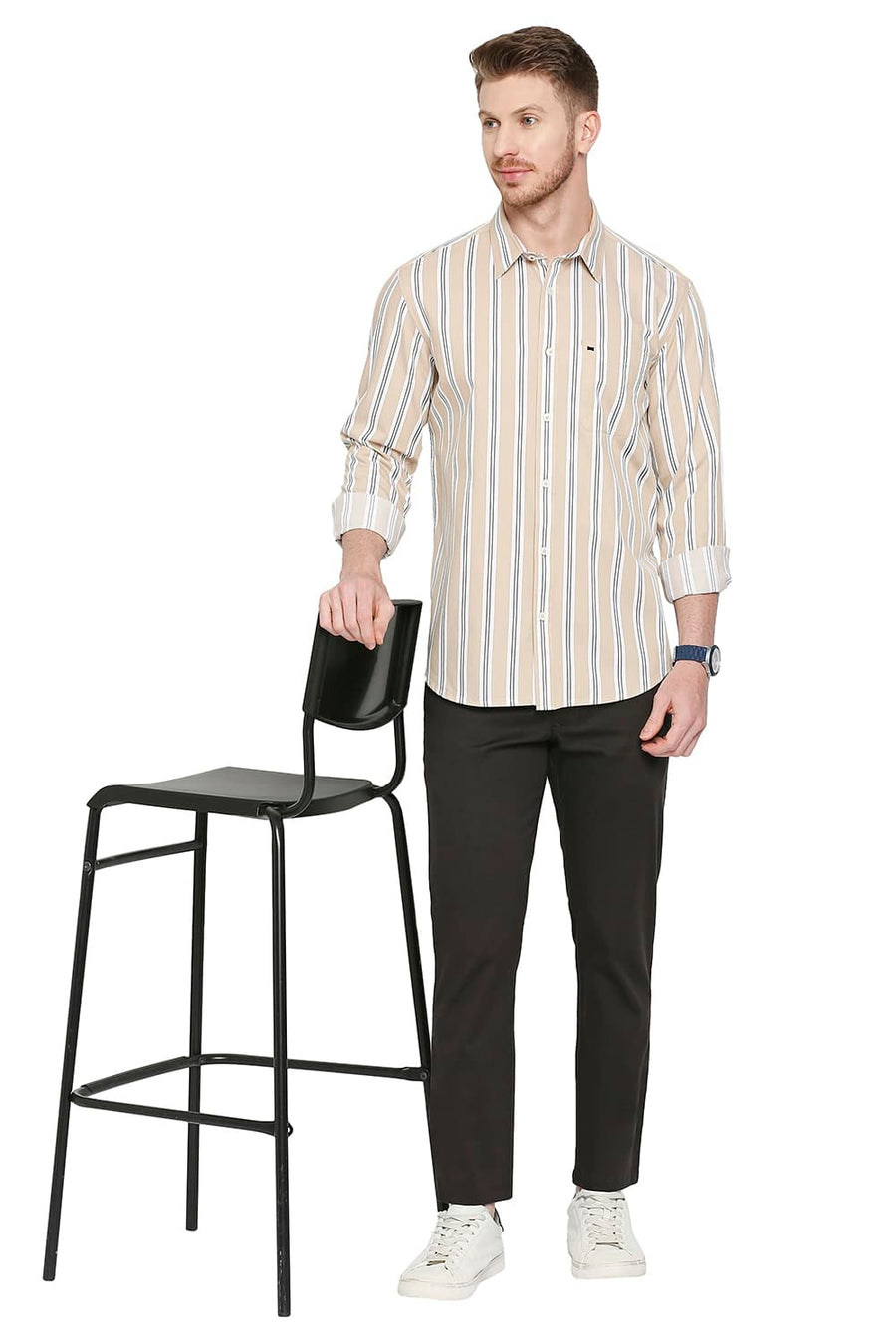 BASICS SLIM FIT HAZELNUT BEIGE COTTON TWILL STRIPES SHIRT
