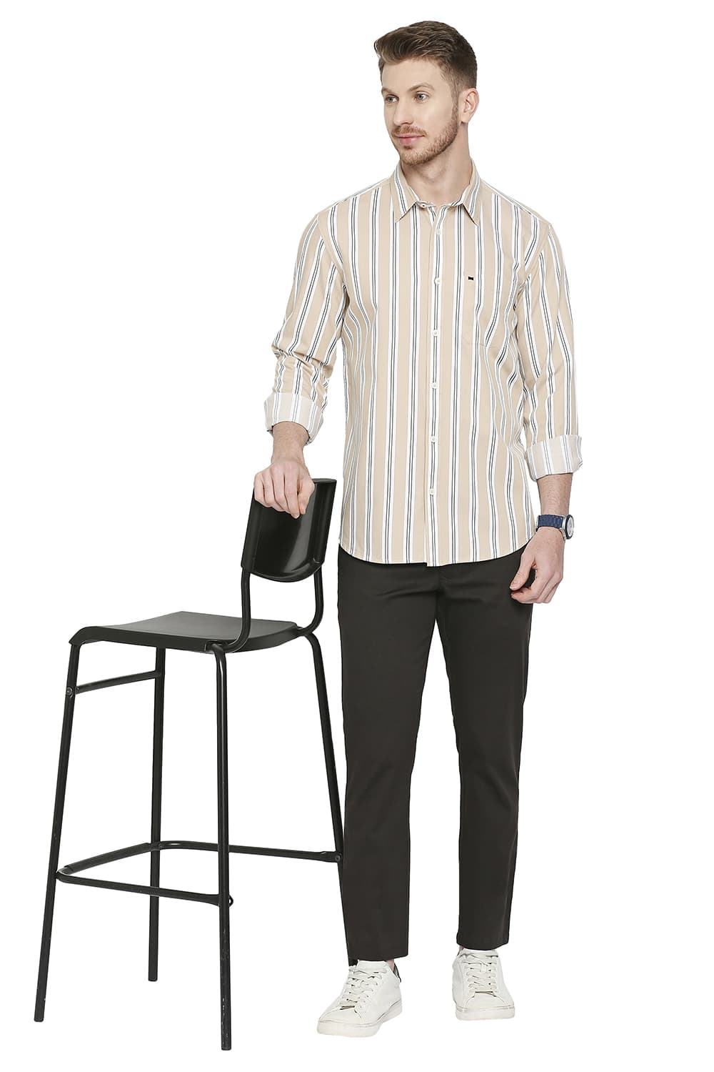 BASICS SLIM FIT COTTON TWILL STRIPES SHIRT