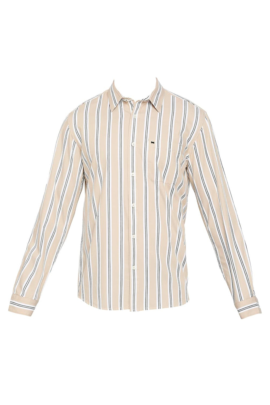 BASICS SLIM FIT HAZELNUT BEIGE COTTON TWILL STRIPES SHIRT
