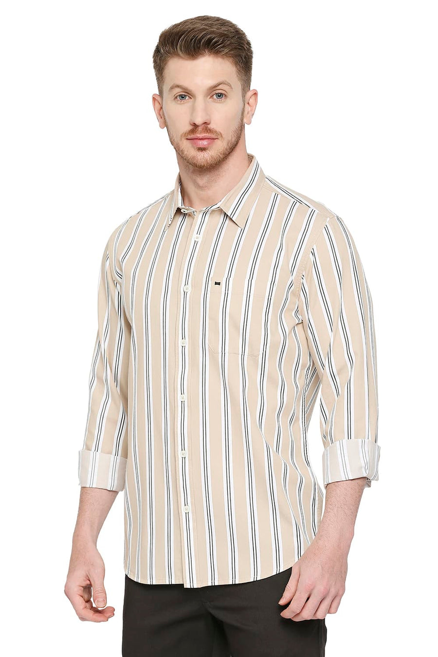 BASICS SLIM FIT HAZELNUT BEIGE COTTON TWILL STRIPES SHIRT