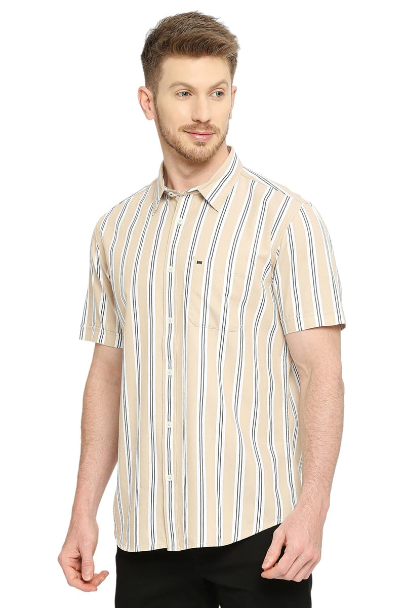 BASICS SLIM FIT COTTON TWILL STRIPES HALFSLEEVES SHIRT