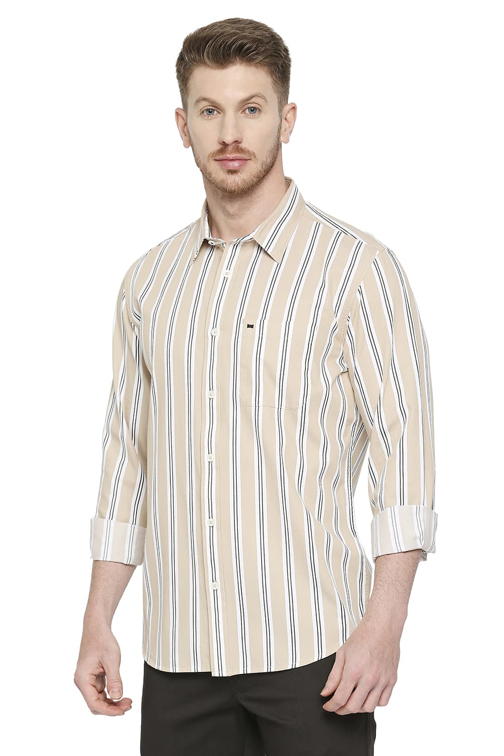 BASICS SLIM FIT COTTON TWILL STRIPES SHIRT