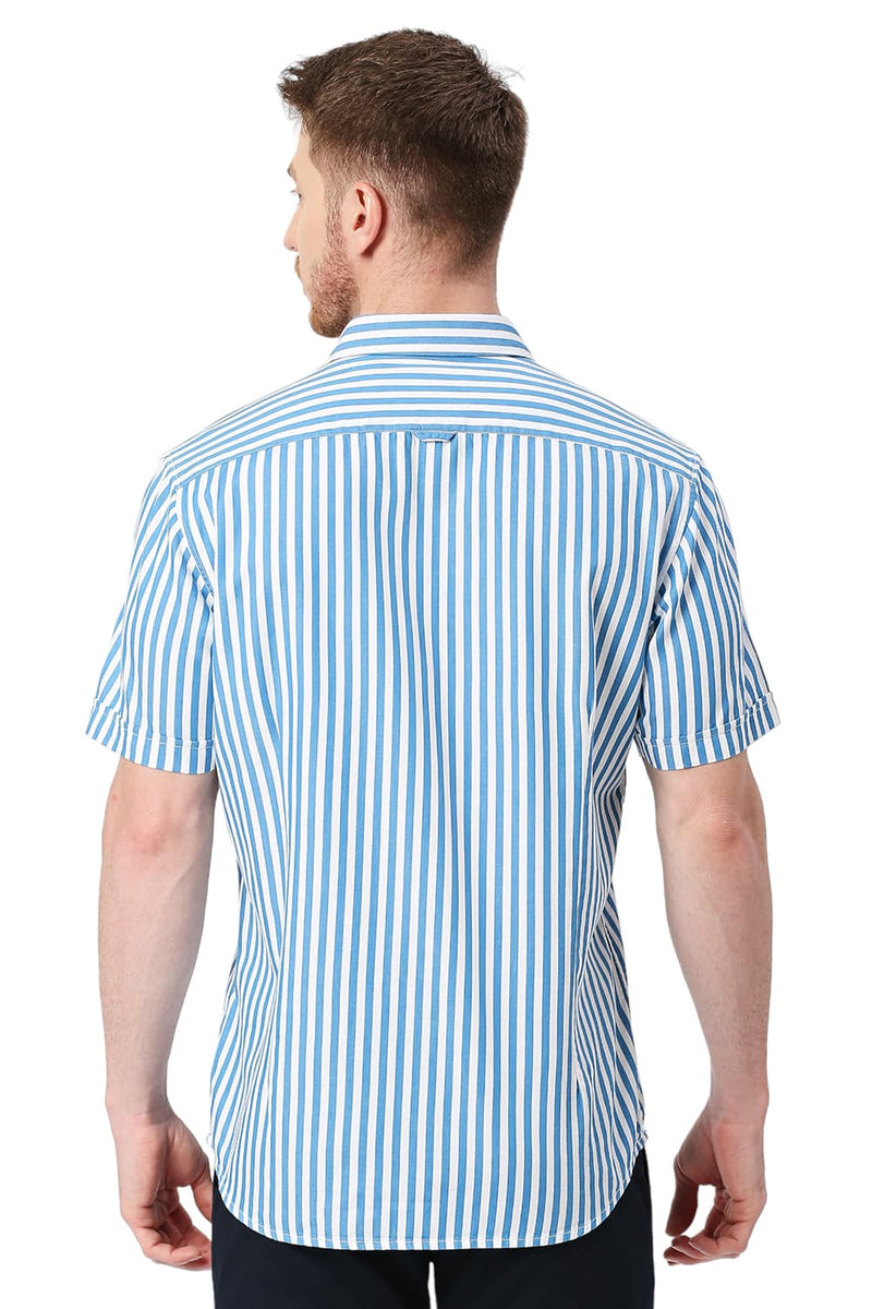 BASICS SLIM FIT COTTON TWILL STRIPES HALFSLEEVES SHIRT