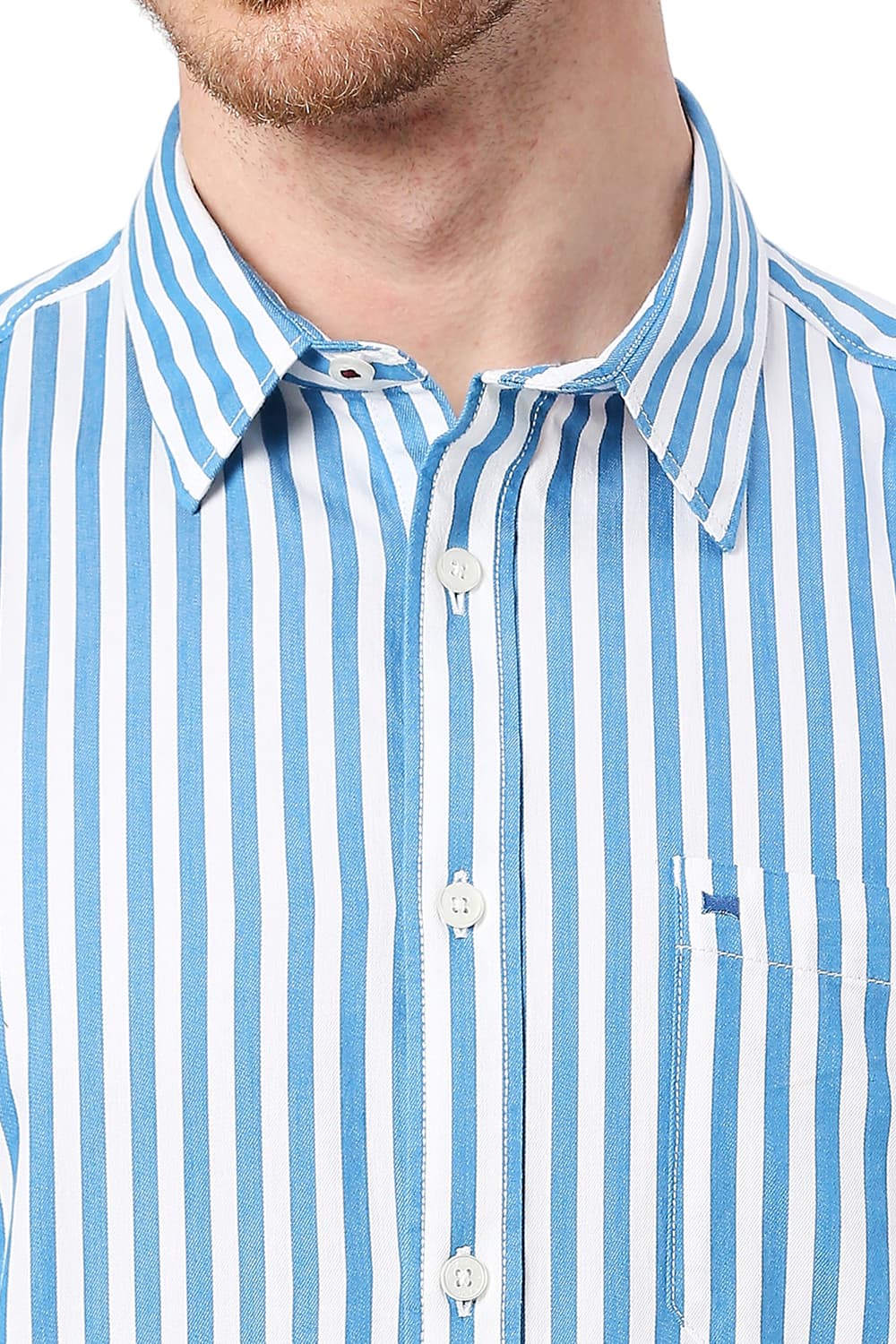 BASICS SLIM FIT COTTON TWILL STRIPES HALFSLEEVES SHIRT