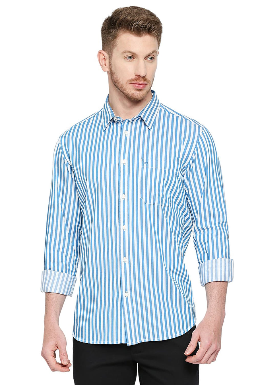 BASICS SLIM FIT HERITAGE BLUE COTTON TWILL STRIPES SHIRT
