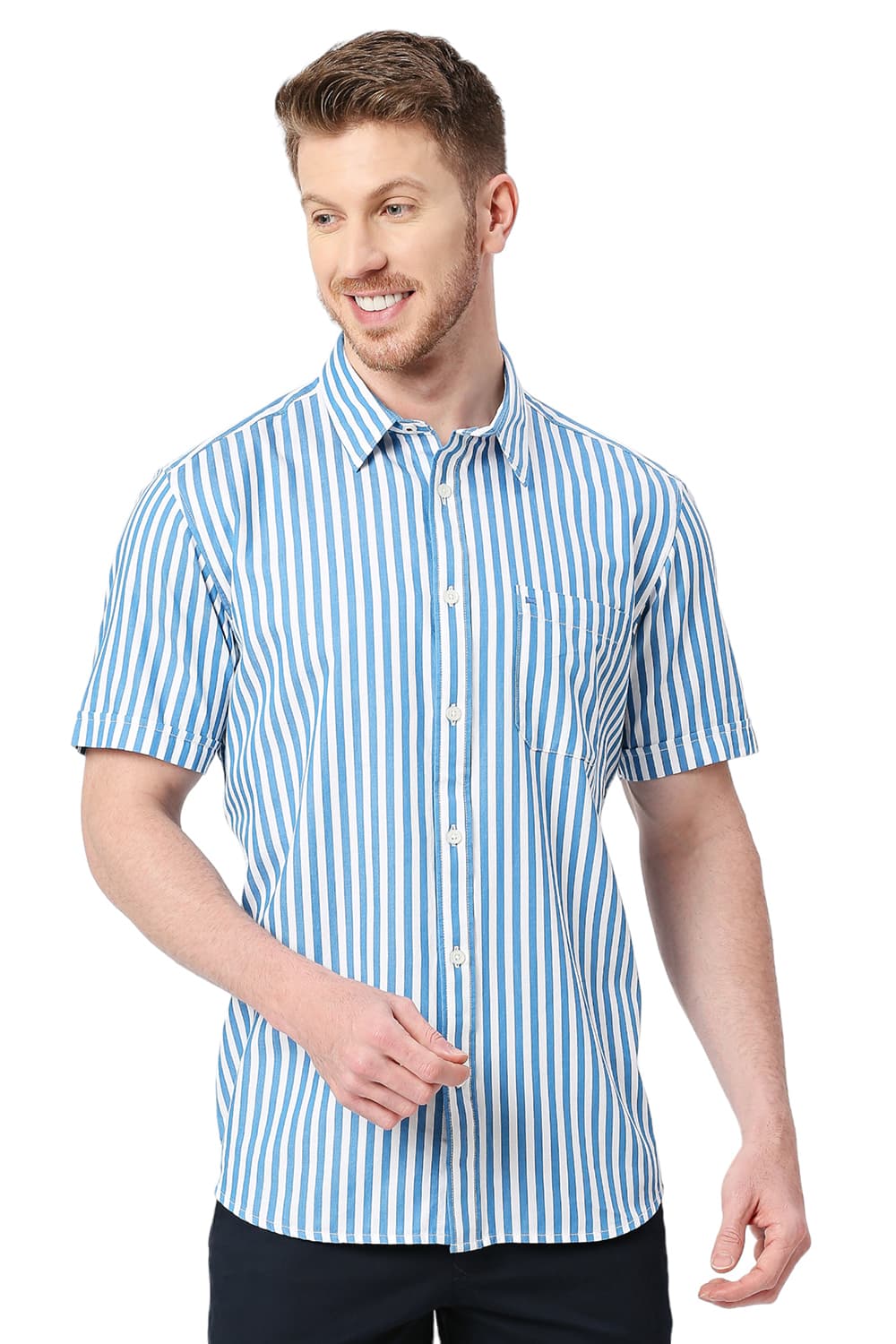 BASICS SLIM FIT COTTON TWILL STRIPES SHIRT