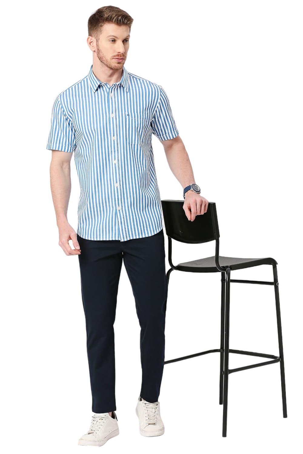 BASICS SLIM FIT COTTON TWILL STRIPES HALFSLEEVES SHIRT