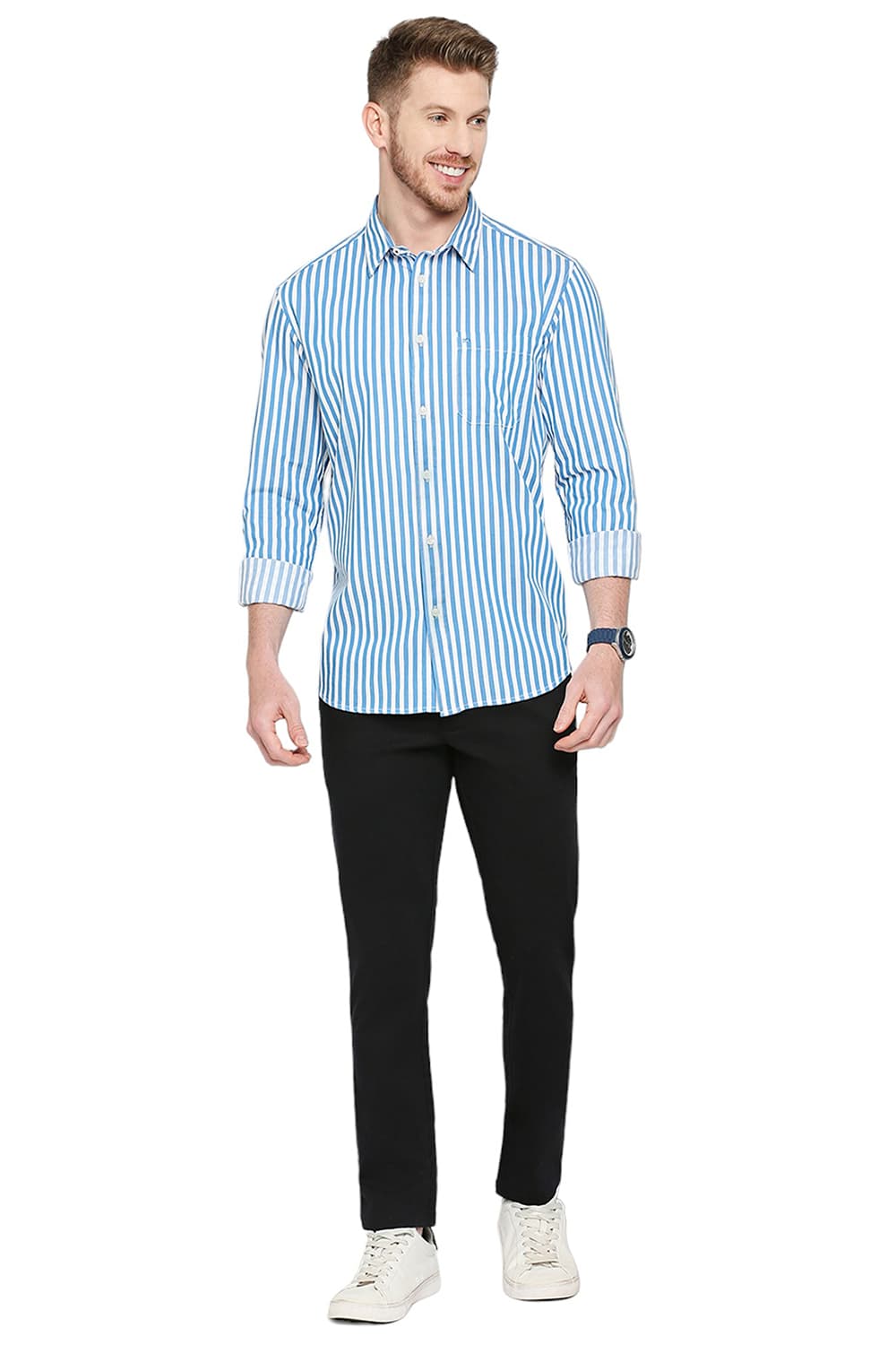 BASICS SLIM FIT COTTON TWILL STRIPES SHIRT